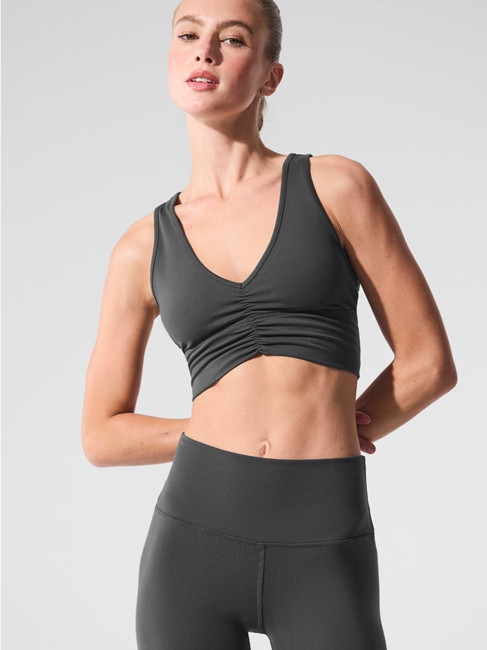 ALO Wild Thing Sports Bra Top Charcoal Ruched V-Neck Crop Top